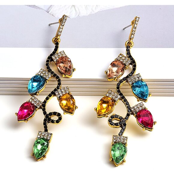 🆕 Women Pink Christmas Dangle Earrings Colorful Light Bulb Tree Drop Jewelry - Picture 2 of 7